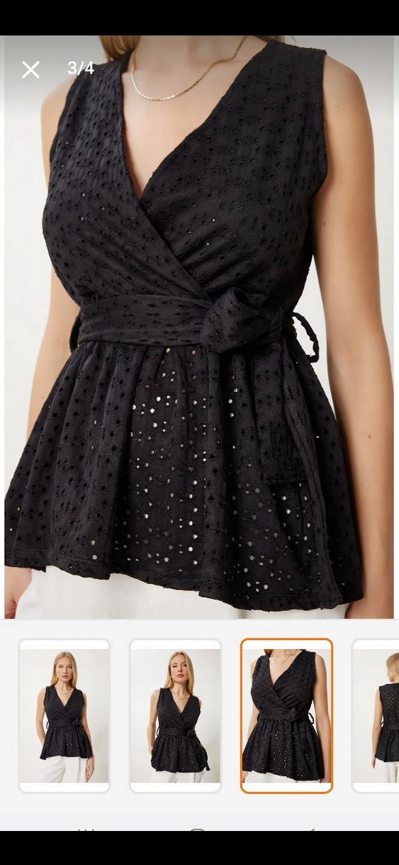 Kemerli V Yaka Siyah Kolsuz Mini Bluz - Görsel 3