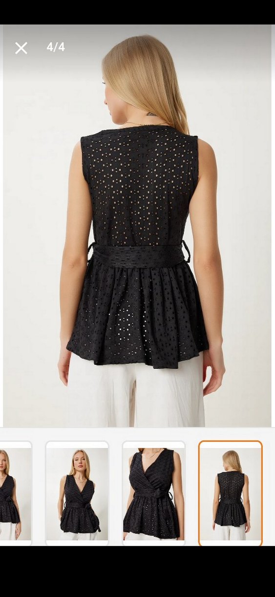 Kemerli V Yaka Siyah Kolsuz Mini Bluz - Görsel 2