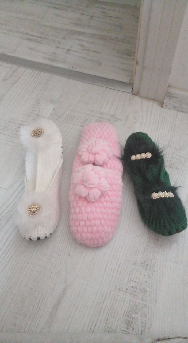 Kadın Pembe Örgü Ev Terliği çeyizlik - Görsel 2