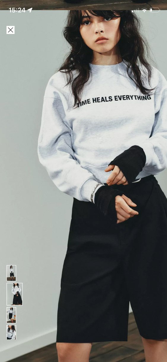 Gri Crop Sweatshirt, Uzun Kollu, Salaş Kesim - Görsel 2