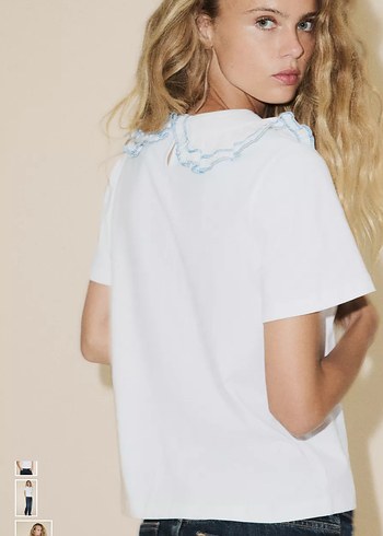 Nakışlı Fırfırlı Beyaz Pamuklu Tişört - Görsel 2