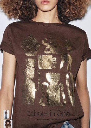 Kadın Kahverengi Gold Baskılı Pamuk Tişört - Görsel 2