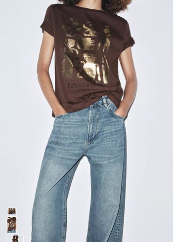 Kadın Kahverengi Gold Baskılı Pamuk Tişört - Görsel 5