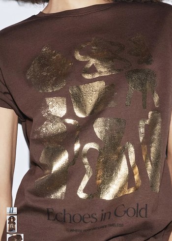 Kadın Kahverengi Gold Baskılı Pamuk Tişört - Görsel 4