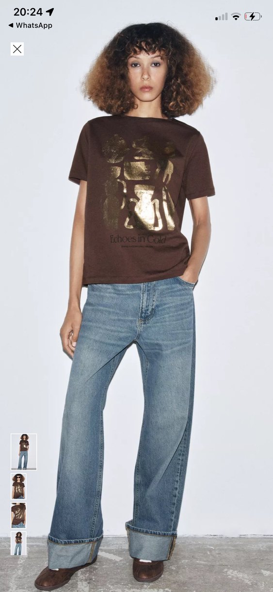 Kadın Kahverengi Gold Baskılı Pamuk Tişört - Görsel 3