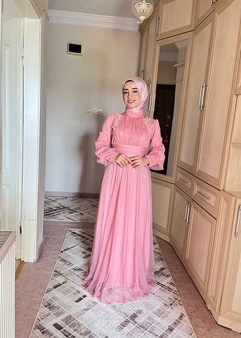 38 Beden pembe Renk Pembe Uzun Kol Detaylı Tesettür Abiye Elbise