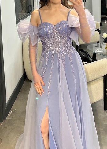 Pastel Mor Nakışlı Straplez Uzun Abiye Elbise