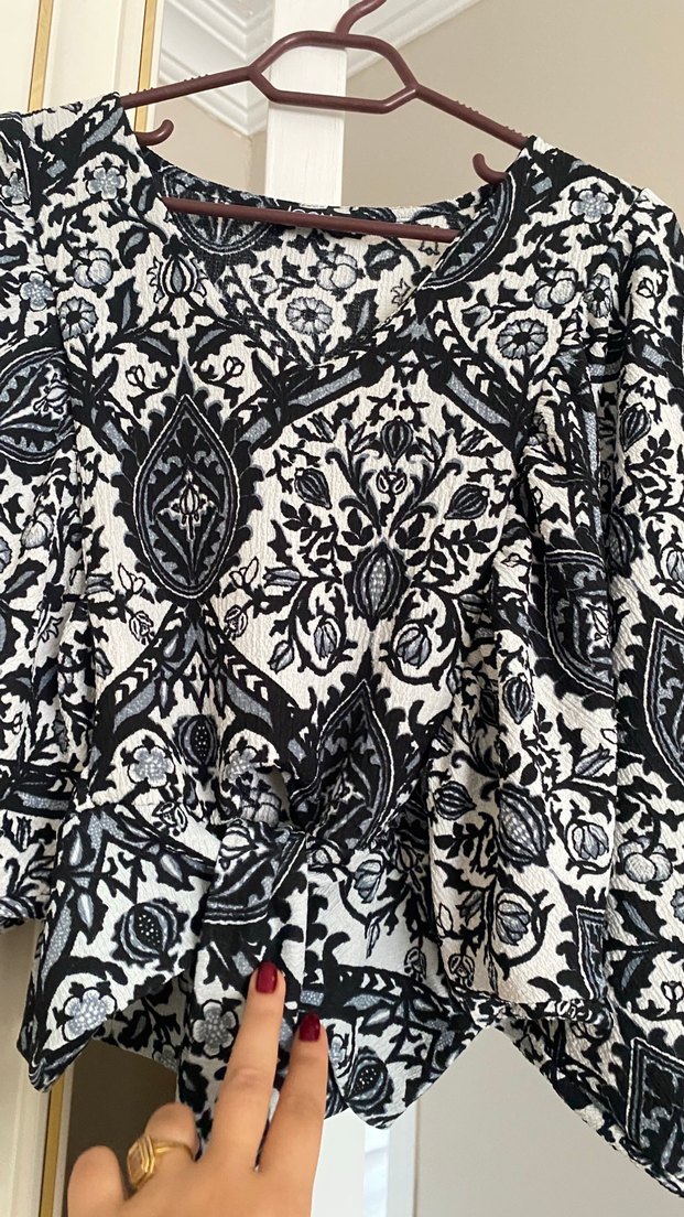 Bohem V Yaka Uzun Kollu Salaş Bluz - Görsel 5