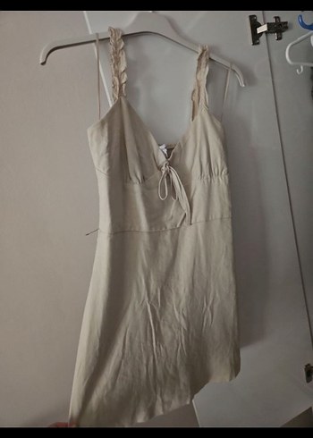 Bej Keten V Yakalı Midi Bohem Elbise
