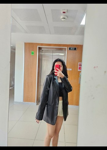 Stradivarius Siyah Deri Kadın Blazer Ceket