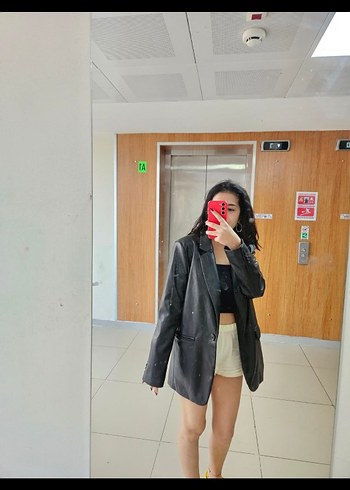 xs Beden Siyah Deri Kadın Blazer Ceket