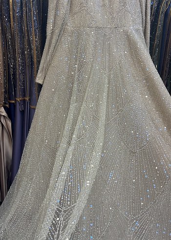 Kahve taş karışımı Uzun Kollu Drapeli Notalı Yaka Abiye nişanlık - Görsel 6