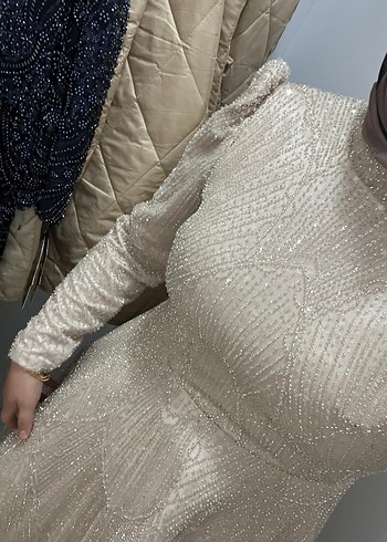 Kahve taş karışımı Uzun Kollu Drapeli Notalı Yaka Abiye nişanlık - Görsel 4