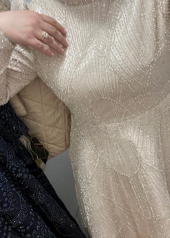 Kahve taş karışımı Uzun Kollu Drapeli Notalı Yaka Abiye nişanlık - Görsel 5