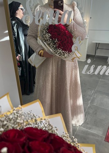 Kahve taş karışımı Uzun Kollu Drapeli Notalı Yaka Abiye nişanlık - Görsel 2