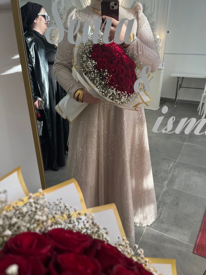 Kahve taş karışımı Uzun Kollu Drapeli Notalı Yaka Abiye nişanlık - Görsel 2