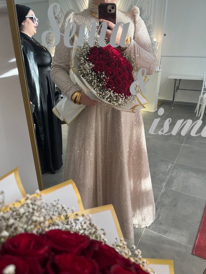 Kahve taş karışımı Uzun Kollu Drapeli Notalı Yaka Abiye nişanlık - Görsel 3