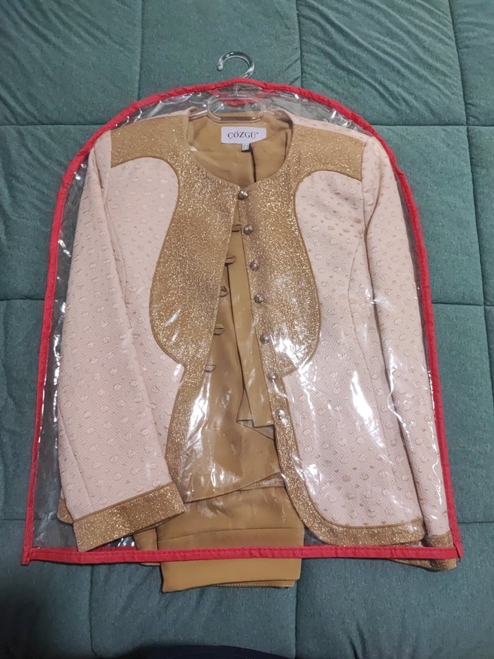 Bej Kadın Midi Ceket, Fermuarlı, Uzun Kollu Etek Takım - Görsel 3