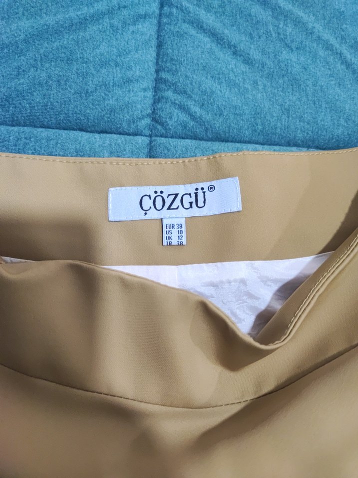 Bej Kadın Midi Ceket, Fermuarlı, Uzun Kollu Etek Takım - Görsel 5