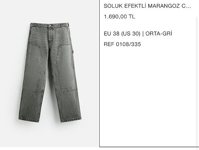 Zara soluk efektli marangoz pantolon 38