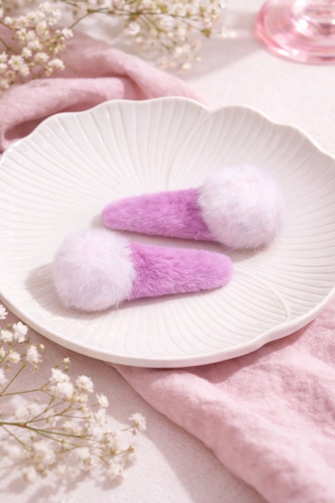 Çok Renkli Peluş Ponponlu Çocuk Toka Seti - Görsel 5