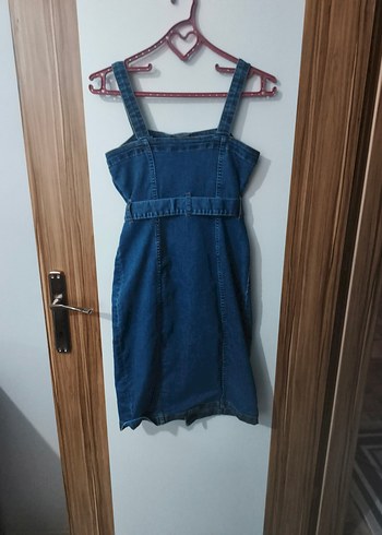 Mavi Düğmeli Askılı Kısa Denim Elbise - Görsel 2