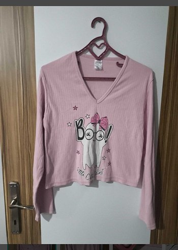 Diğer Pembe V Yaka Kedi Desenli Uzun Kollu Ust Pijama