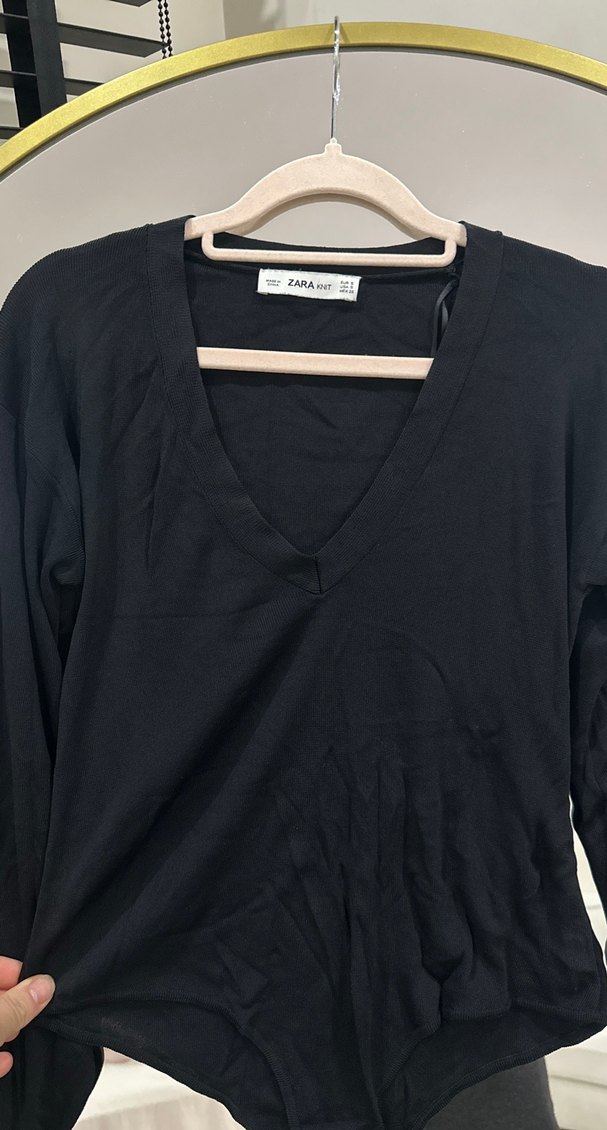 Siyah V Yaka Kadın merserize Bluz - Görsel 2