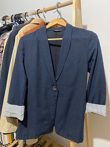 Lacivert keten blazer ceket kolları çizgi detaylı