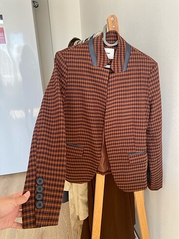 Renkli şık lacivert deri detaylı blazer ceket