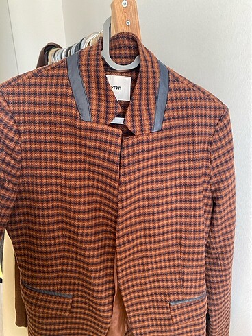 38 Beden Renkli şık lacivert deri detaylı blazer ceket
