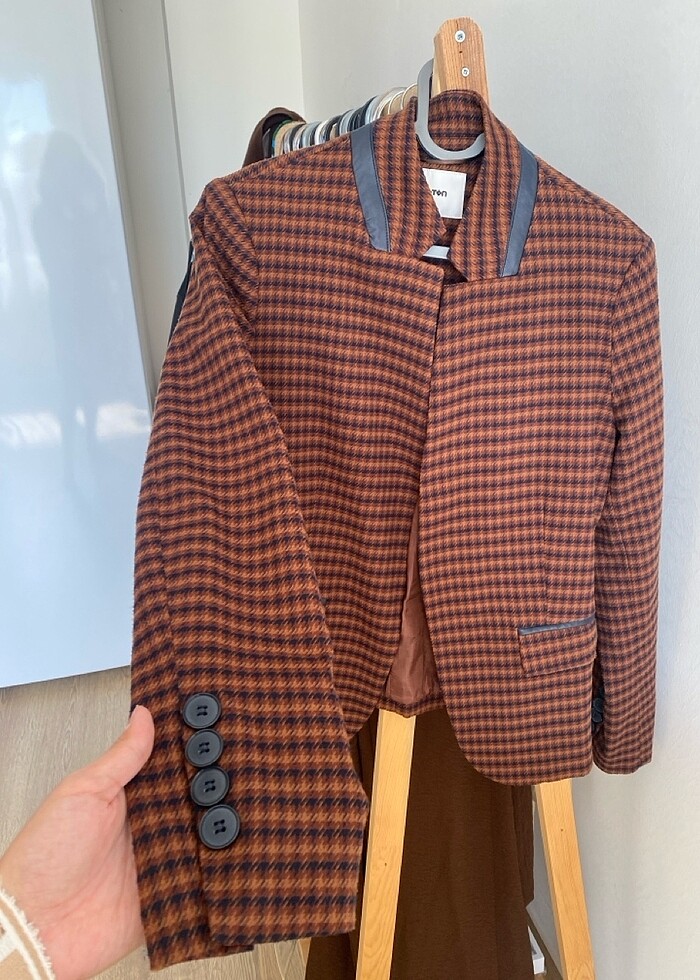 Renkli şık lacivert deri detaylı blazer ceket - Görsel 2