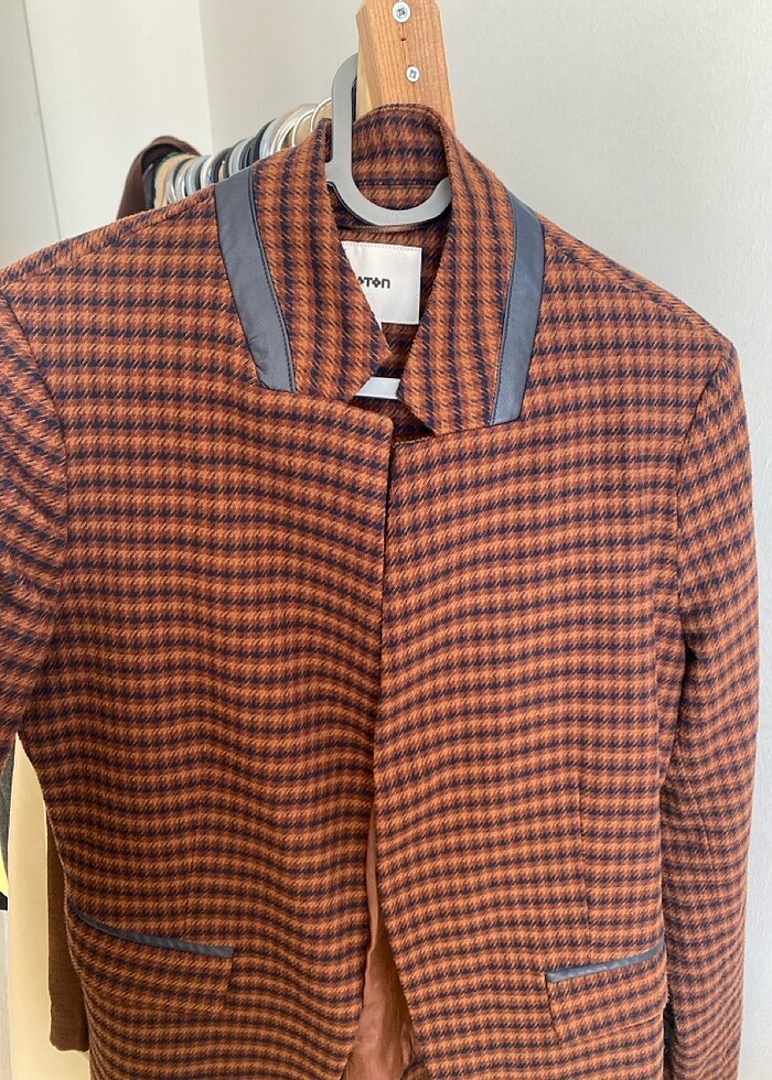 Renkli şık lacivert deri detaylı blazer ceket - Görsel 3