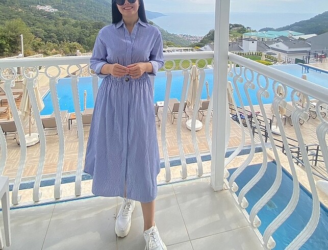 Dikey çizgili midi boy belden lastikli elbise - Görsel 2