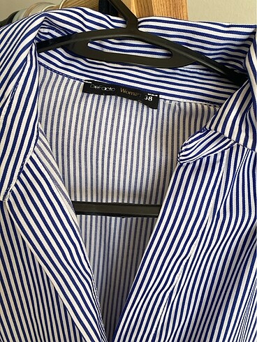 Dikey çizgili midi boy belden lastikli elbise - Görsel 5