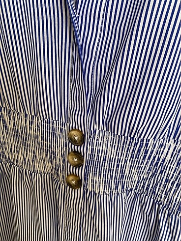 Dikey çizgili midi boy belden lastikli elbise - Görsel 7