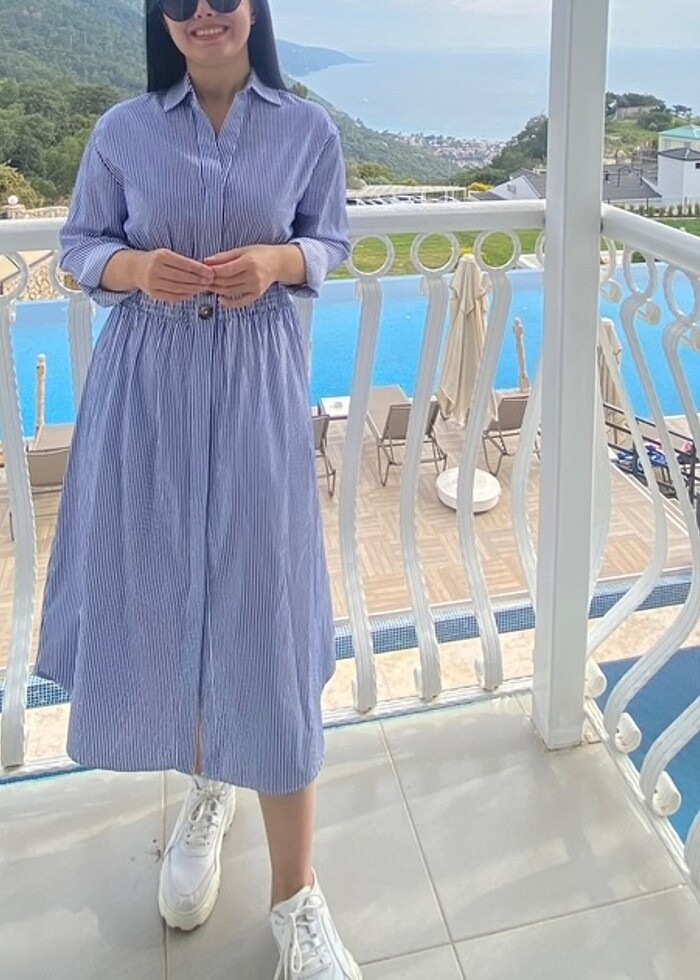 Dikey çizgili midi boy belden lastikli elbise - Görsel 2