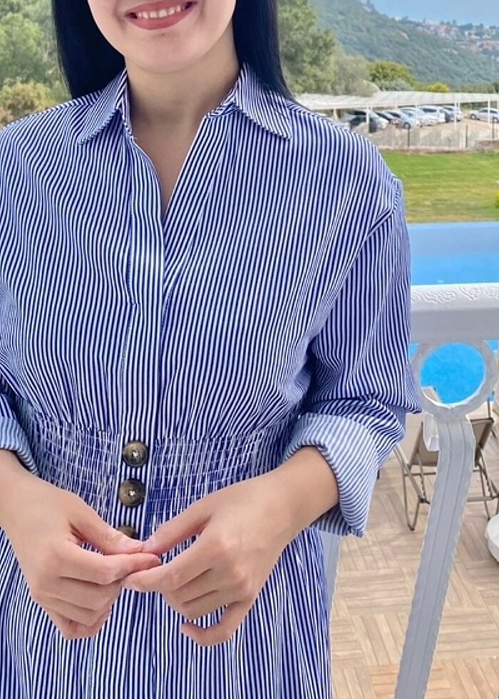 Dikey çizgili midi boy belden lastikli elbise - Görsel 3