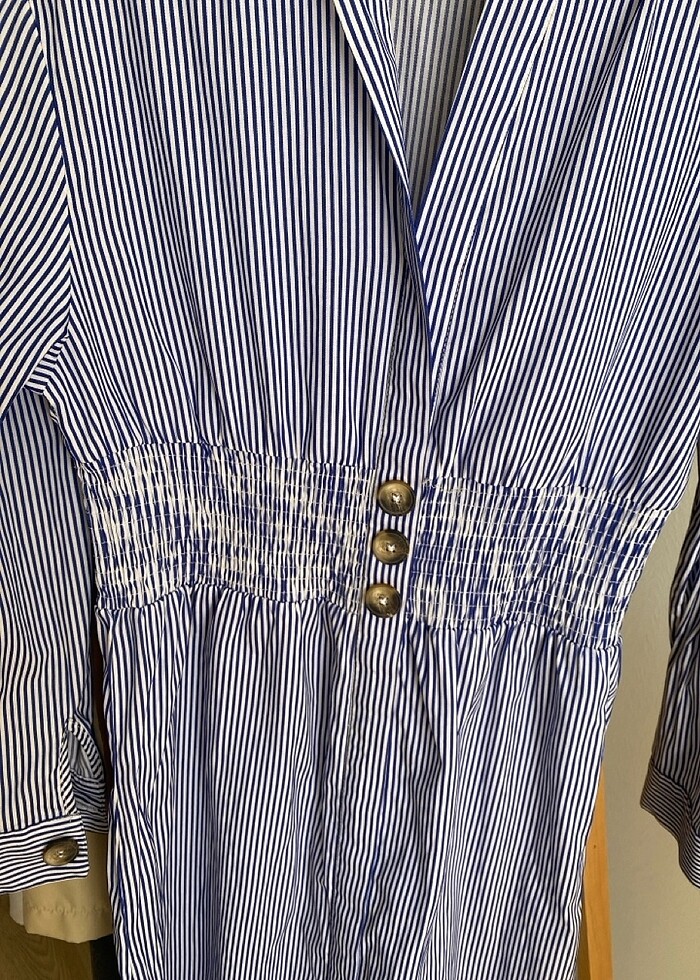 Dikey çizgili midi boy belden lastikli elbise - Görsel 4