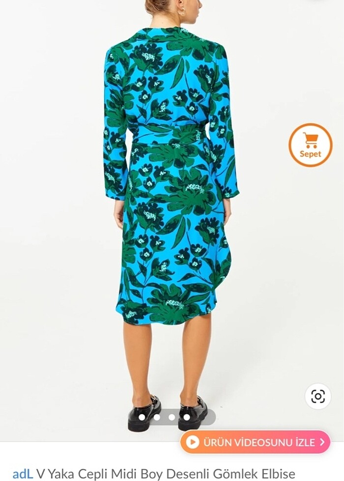 Adl v yaka cepli midi boy kuşaklı gömlek elbise - Görsel 4