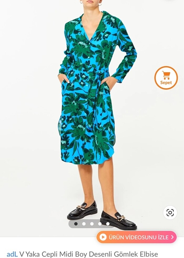 Adl v yaka cepli midi boy kuşaklı gömlek elbise - Görsel 3