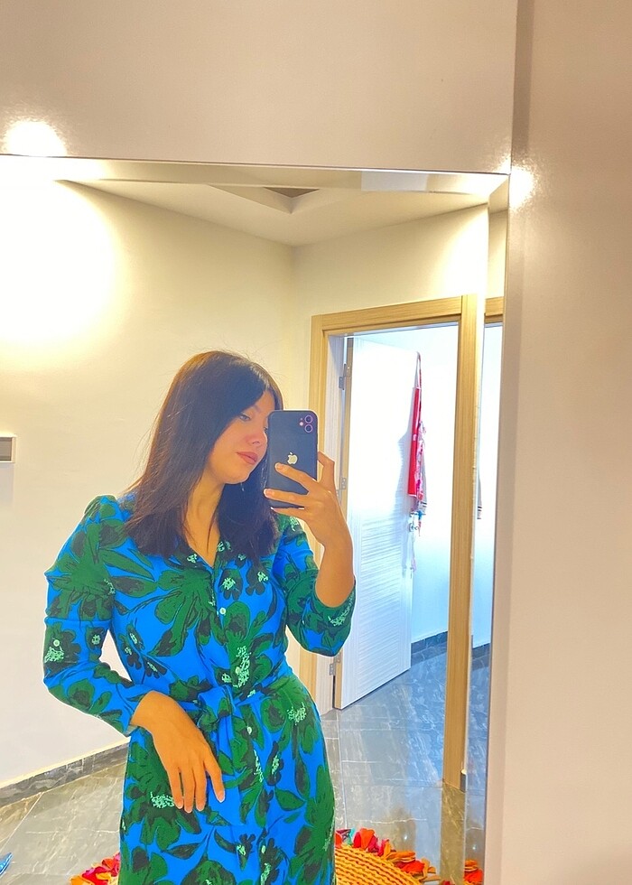 Adl v yaka cepli midi boy kuşaklı gömlek elbise - Görsel 2