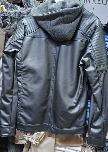 Erkek kapşonlu deri ceket - Görsel 5