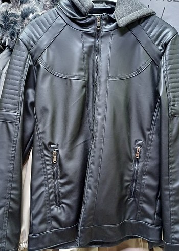 Erkek kapşonlu deri ceket - Görsel 4