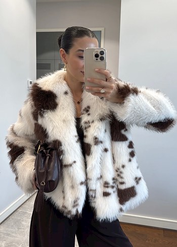 Kahverengi Zebra Desenli Kadın Suni Kürk Ceket