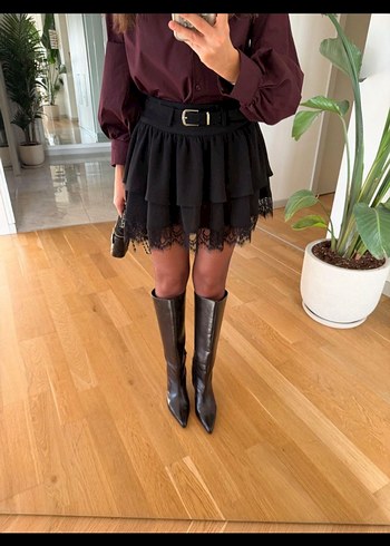 Kahverengi Kemerli Mini Etek - Görsel 4