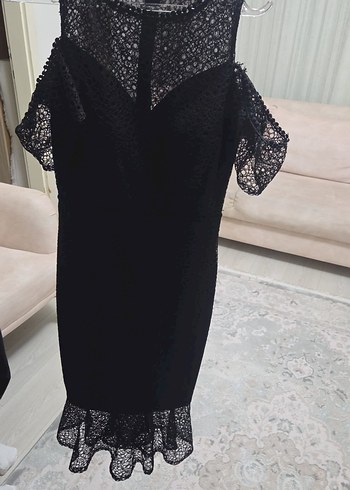Siyah Straplez Dantelli Midi Abiye Elbise - Görsel 4