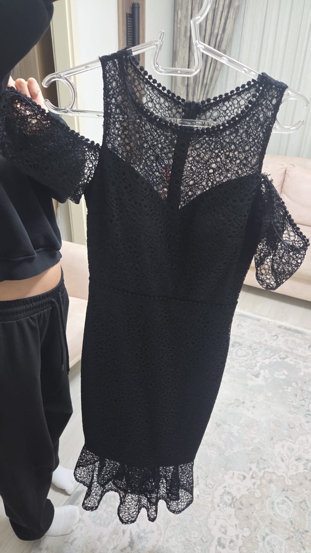 Siyah Straplez Dantelli Midi Abiye Elbise - Görsel 5