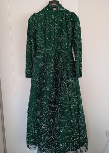 Yeşil İşlemeli Uzun Kollu Abiye Elbise - Görsel 4