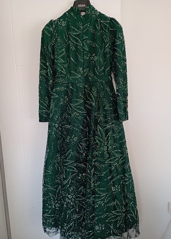 Yeşil İşlemeli Uzun Kollu Abiye Elbise - Görsel 3